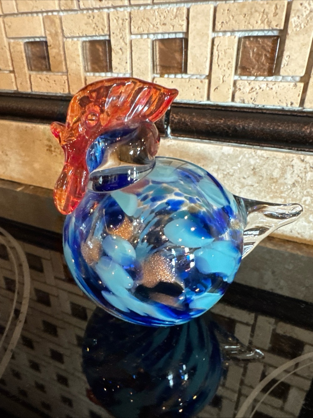 HQT Hand Made Art Glass Beautiful Blues and Gold Chicken / Rooster, 4 1/2"